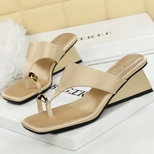 BIGTREE Shoes Wedge Heels Women Shoes Metal Buckle Square Head Flip-flops Summer Women's Sandals Satin Women Pumps Fashion