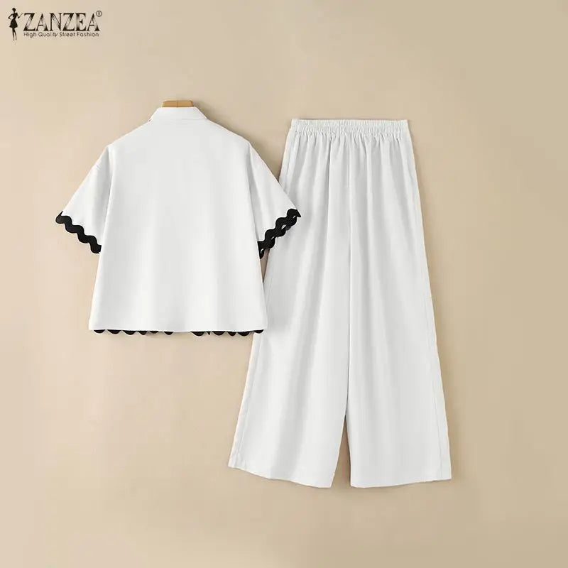 Stylish Women 2 Pieces Sets ZANZEA Summer Lapel Neck Short Sleeve Blouse Trousers Suit Contrast Color Wave Cut Office OL Outfits