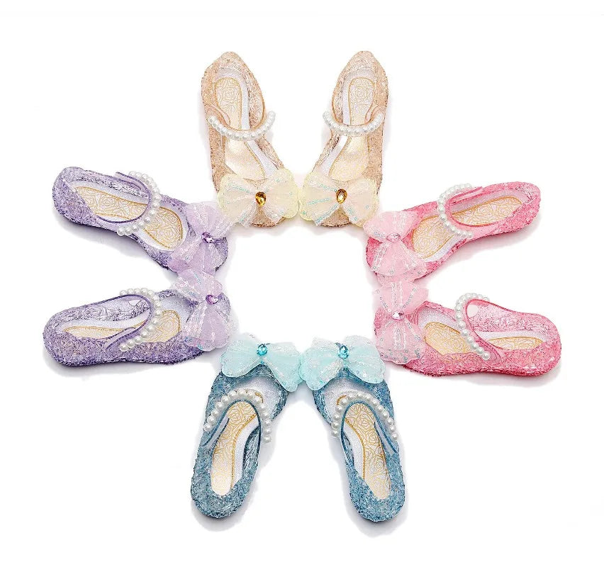 Kids Girl Bowknot Princess Sandal Children Soft Bottom High Heels Crystal Jelly Wedding Performances Party Shoe PVC Beach Sandal