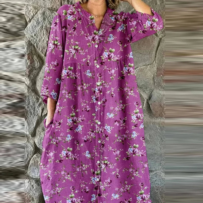Bohemian Loose Single Breasted Dress Women's Casual O-neck Pocket Commuting Dress Spring Summer Floral Print Long Sleeved Dress