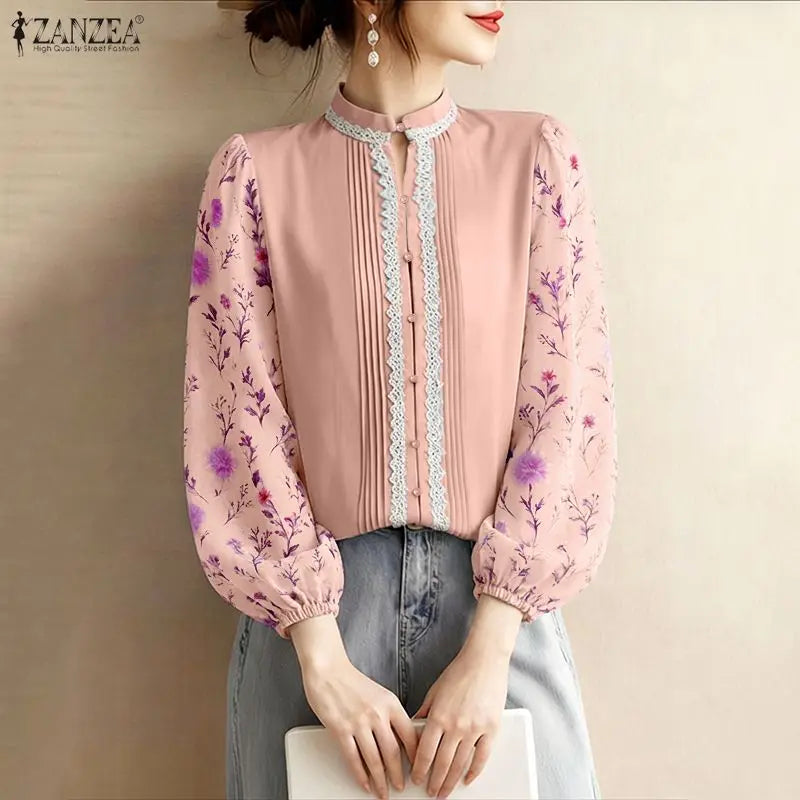 ZANZEA Lace Patchwork Pintuck Details Shirts Women's Elegant Mandarin Collar Floral Puff Sleeves Button Up Shirt Woman Tops 3XL