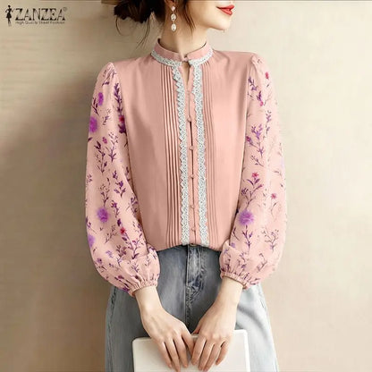 ZANZEA Lace Patchwork Pintuck Details Shirts Women's Elegant Mandarin Collar Floral Puff Sleeves Button Up Shirt Woman Tops 3XL