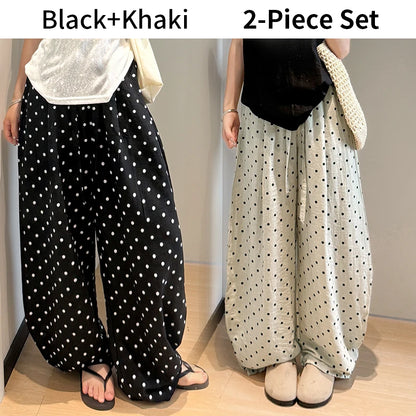 Linen Polka Dot Wide-Leg Pants for Women's Summer, Thin High-Waisted Loose and Laid-Back Style Yamamoto Pants, Casual Straight-L