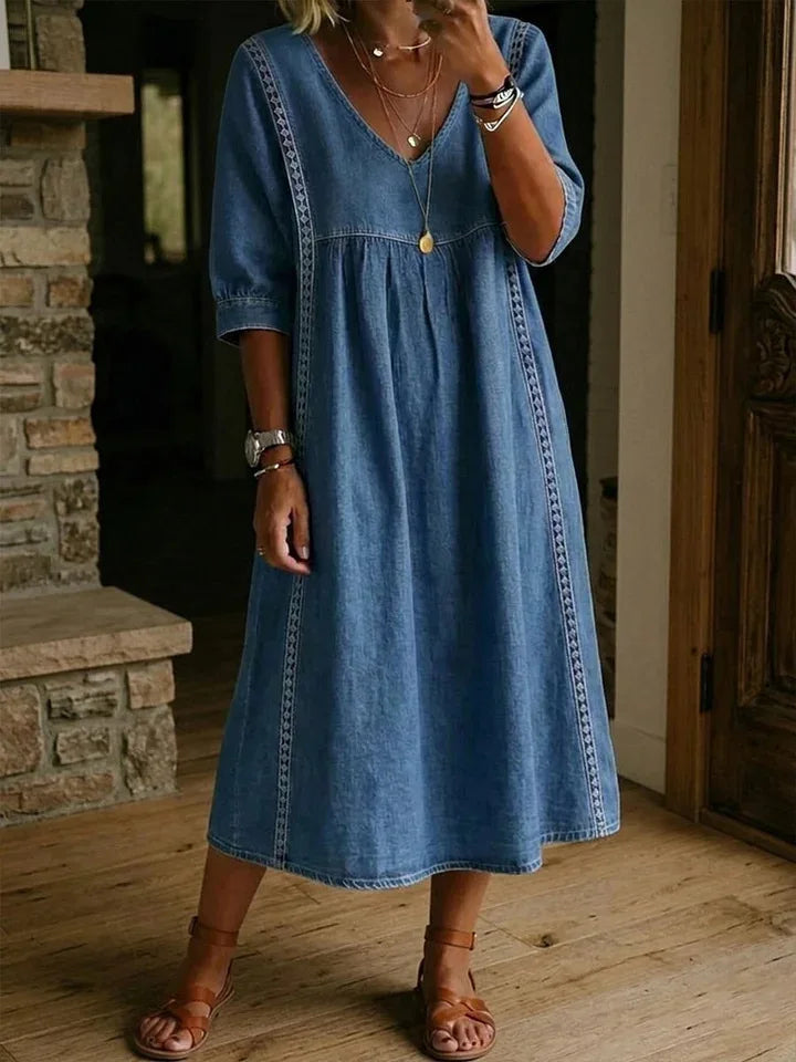 Women Summer Casual Loose V Neck Lace Splicing Midi Dress, Solid Three Quarter Sleeve Breathable Daily Vacation Dress