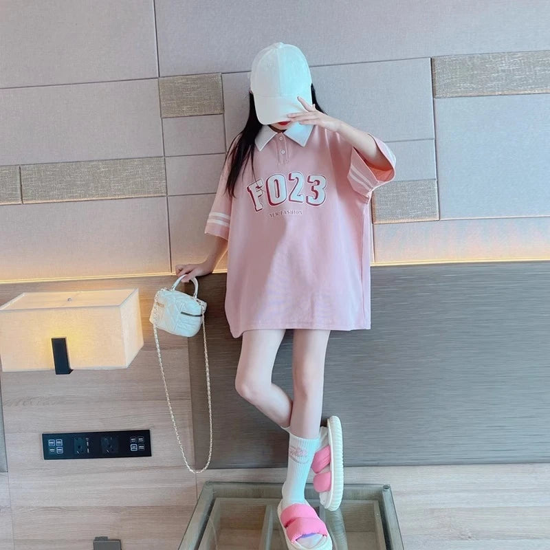 2026 Girls Summer Short Sleeve Polo Style Shirt Loose Fit Cotton Casual Top for Big Kids Trendy Cute Fashion Tee New Arrival
