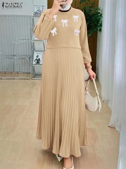 2026 Fashion Muslim Abaya Dress ZANZEA Women Elegant Long Sleeve Patchwork Party Dress Dubai Robe Spring A Line Pleated Sundress