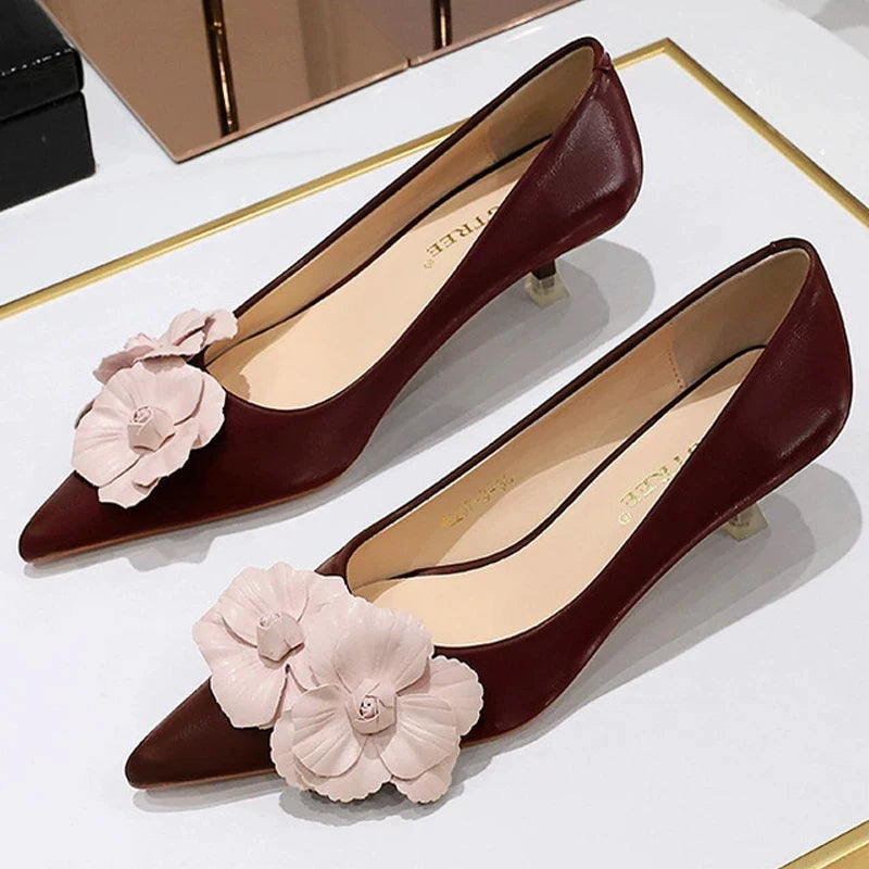 BIGTREE Shoes 4 Cm Stilettos Mid Heel Shoes Women Flower Decoration Design Women Heels Pointed Kitten High Heels Plus Size 43