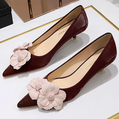BIGTREE Shoes 4 Cm Stilettos Mid Heel Shoes Women Flower Decoration Design Women Heels Pointed Kitten High Heels Plus Size 43