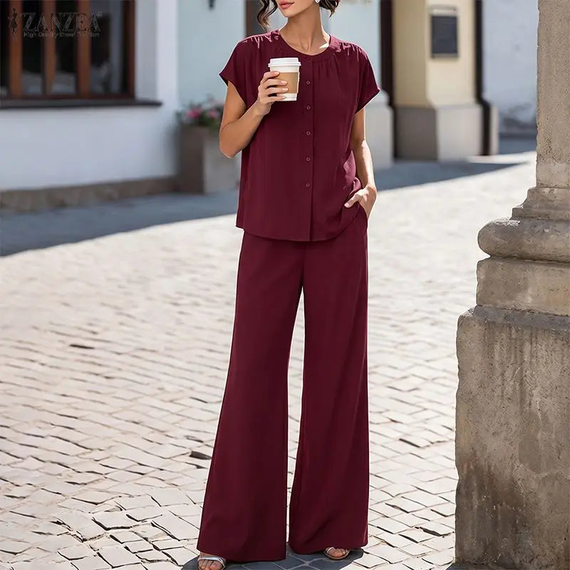 ZANZEA Women Minimalist Casual 2-Piece Sets Cap Sleeves O-Neck Shirt & Wide Leg Pant Matching Sets Summer Solid Commute Co-ords