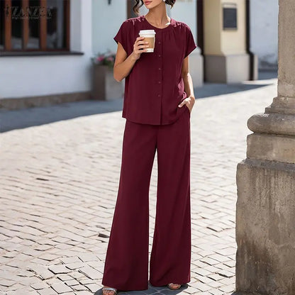 ZANZEA Women Minimalist Casual 2-Piece Sets Cap Sleeves O-Neck Shirt & Wide Leg Pant Matching Sets Summer Solid Commute Co-ords