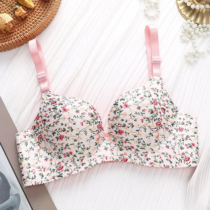 Retro Floral Print Bras Push Up Bra Small Chest Thick Mold Cup No Steel Ring Wirelss Bra Student Seamless Sweet Bra For Girls