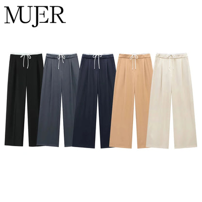 MUJER 2025 Wide Leg Pants for Women High Waist Baggy Pants Woman Summer Pleated Loose Pants Women Streetwear Tied Woman Trousers