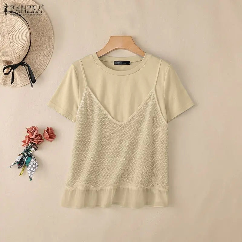 ZANZEA Summer Women Blouses Fashion Fake 2PCS Tops Patchwork Hollow Out Tee OL Work Party Blusas Tunic Streetwear Oversize
