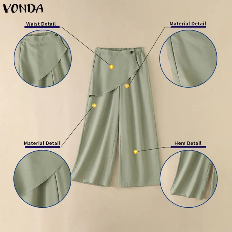VONDA Streetwear Women Wide Leg Pants Asymmetrical Elastic Waist Trousers Casual Summer Holiday Solid Plus Size Pants Oversize