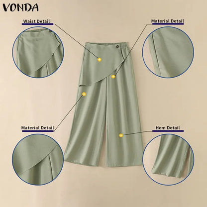 VONDA Streetwear Women Wide Leg Pants Asymmetrical Elastic Waist Trousers Casual Summer Holiday Solid Plus Size Pants Oversize