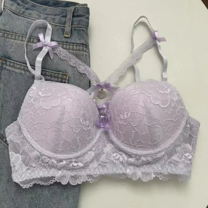 MOYISU Kawaii Heart Bra Set, Purple Lace Lingerie Sexy Pure Design, Push Up Bralette Sml Boobs Fashion Outerwear Statement Piece