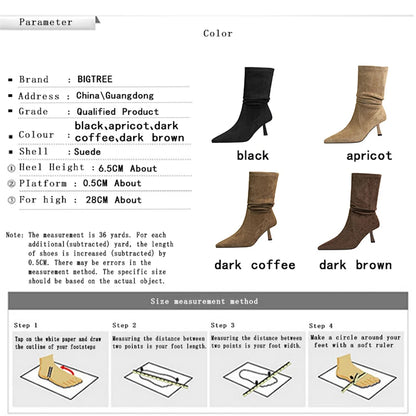 BIGTREE Shoes Women Pleated Elastic Boots Woman Stiletto 6.5 CM High Heel Boots Suede Ankle Boots Fashion Pointed Short Boots