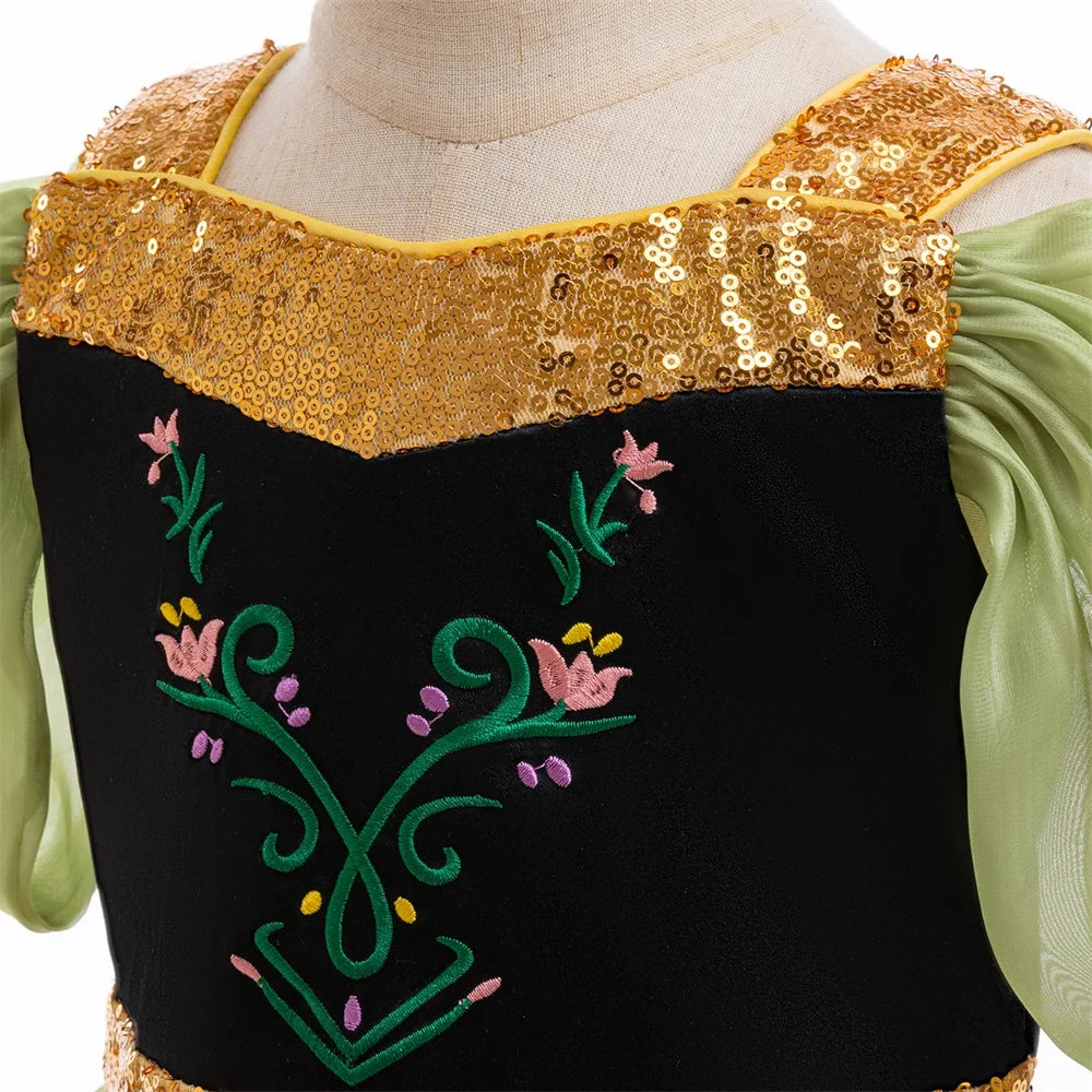 Girl Green Anna Princess Gown Kids Flower Embroidery Party Dress Girls Summer Daily Holiday Clothes Children Fashion Costumes