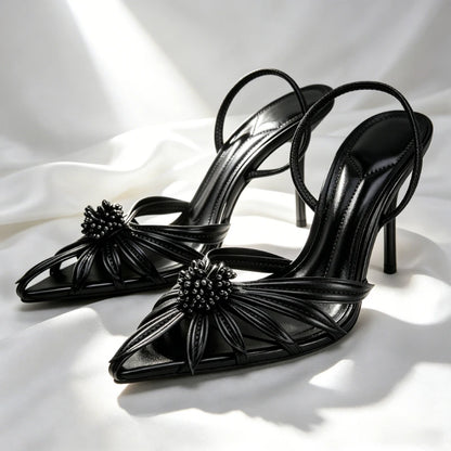 Black Flower Detail High Stiletto Heels Women Sexy Pointed-Toe Openwork Slingback Heeled Sandals for Ladies Elegant Women Shoes