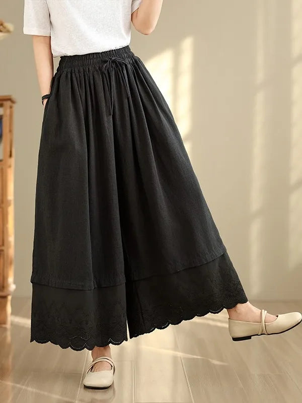 Spring Summer Lace Splicing  Color Wide Leg Pants Elastic Waist Casual Trousers Nine Points Pants Loose Fit Ladies Jeans