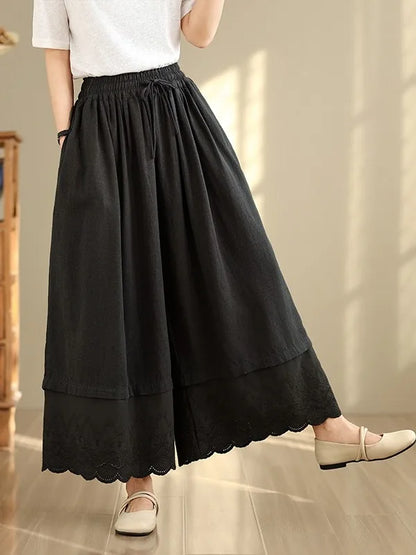 Spring Summer Lace Splicing  Color Wide Leg Pants Elastic Waist Casual Trousers Nine Points Pants Loose Fit Ladies Jeans