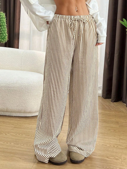 2025 Autumn New Cross border Women's Fashion Loose Striped Drawstring Elastic Waist and Floor Pants from Europe and America