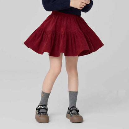 Girls' Autumn Red Corduroy Skirt Wool Blend Princess Design Christmas Party Heavyweight Winter Outfit