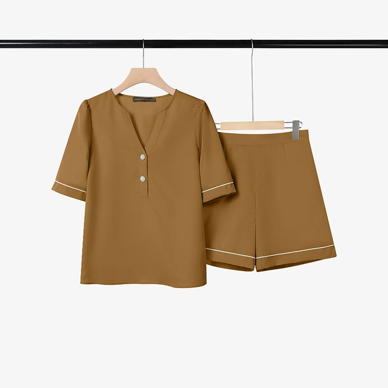 ZANZEA Summer 2PCS Outfit Women 2 Pieces Sets V Neck Short Sleeve Blouse Short Sets Stylish Casual Color-Blocking Tracksuit 2026