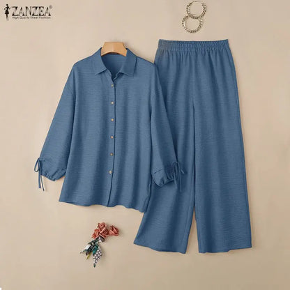 ZANZEA Women Twill Pant Sets Loose Lantern Sleeve Shirt & Elastic Waist Pant 2 Piece Sets 2026 Autumn Casual Daily Wear Co-ords