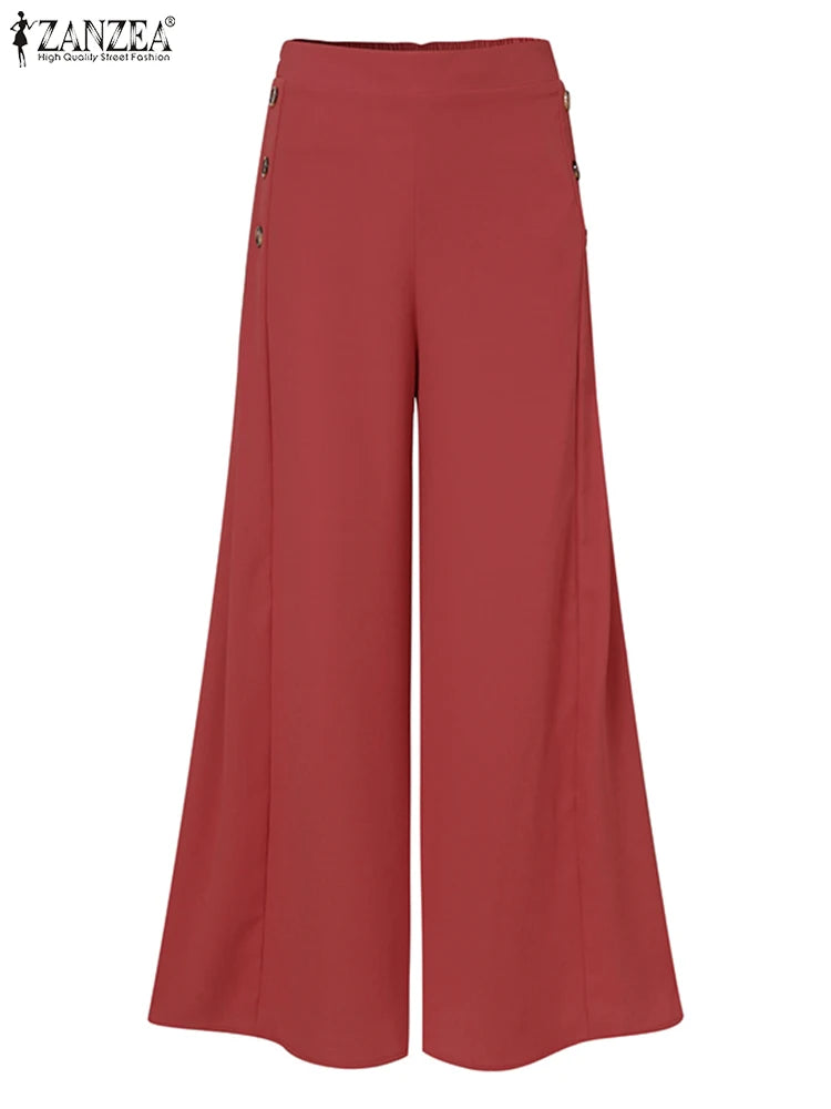 ZANZEA Women Wide Leg Pant Capris Solid Trouser 2024 Summer Casual Suit Pants Elegant OL Oversized High Waist Pantalon Palazzo