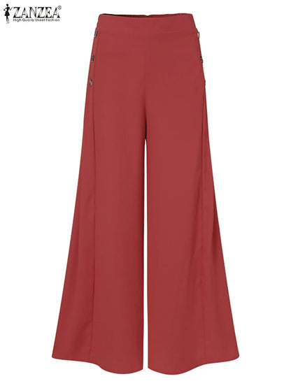 ZANZEA Women Wide Leg Pant Capris Solid Trouser 2024 Summer Casual Suit Pants Elegant OL Oversized High Waist Pantalon Palazzo