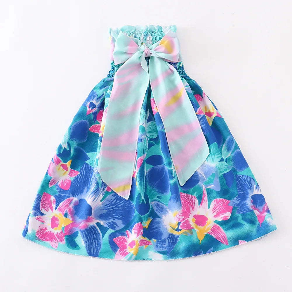 Summer Girls New Floral Dress Sling Ruffles Bohemian Beach Princess Dresses for Girl Clothing  2 6 8 12 Years With Necklace Gift