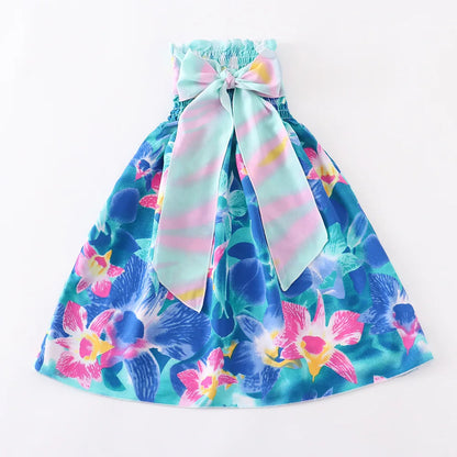 Summer Girls New Floral Dress Sling Ruffles Bohemian Beach Princess Dresses for Girl Clothing  2 6 8 12 Years With Necklace Gift