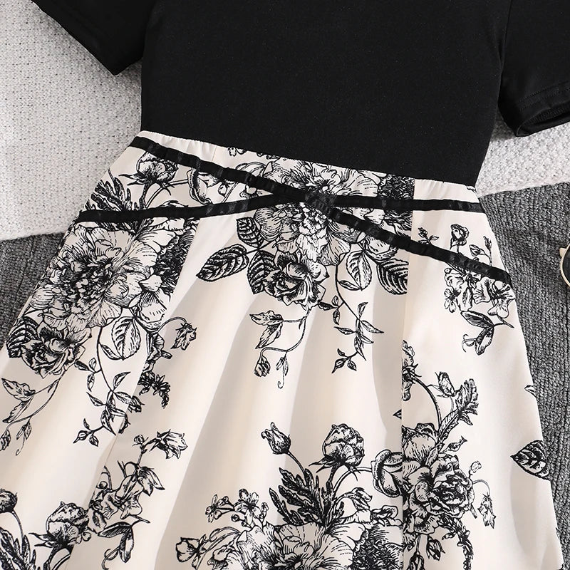 Girls 8-12 Black & White Floral Dress, Front Crew Neck Short Sleeve Belted Skirt/Back Plain Top & Skirt, Casual Daily Kids Dress