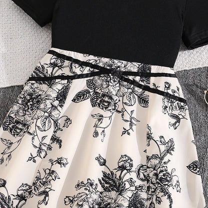 Girls 8-12 Black & White Floral Dress, Front Crew Neck Short Sleeve Belted Skirt/Back Plain Top & Skirt, Casual Daily Kids Dress