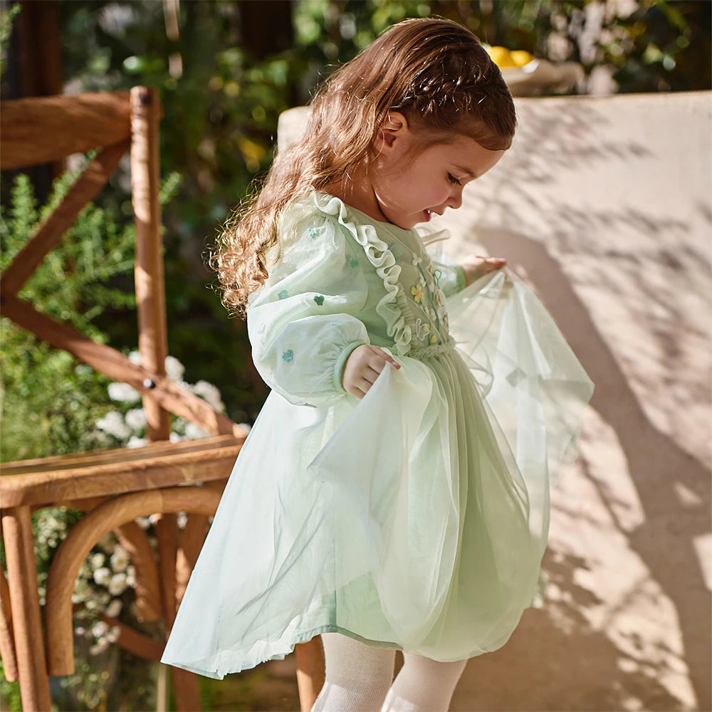 Dave Bella Baby Girl Dress Children Princess Dresses Spring Autumn Kids Clothes Green Charm Mesh Elegant Outdoor Party DB1260177