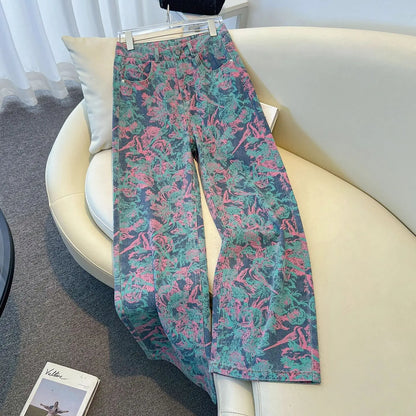 Fashionable Women's Printed Wide-Leg Jeans, New Spring/Fall High-Waisted Denim Trousers, Asian Sizes S–XXXL.