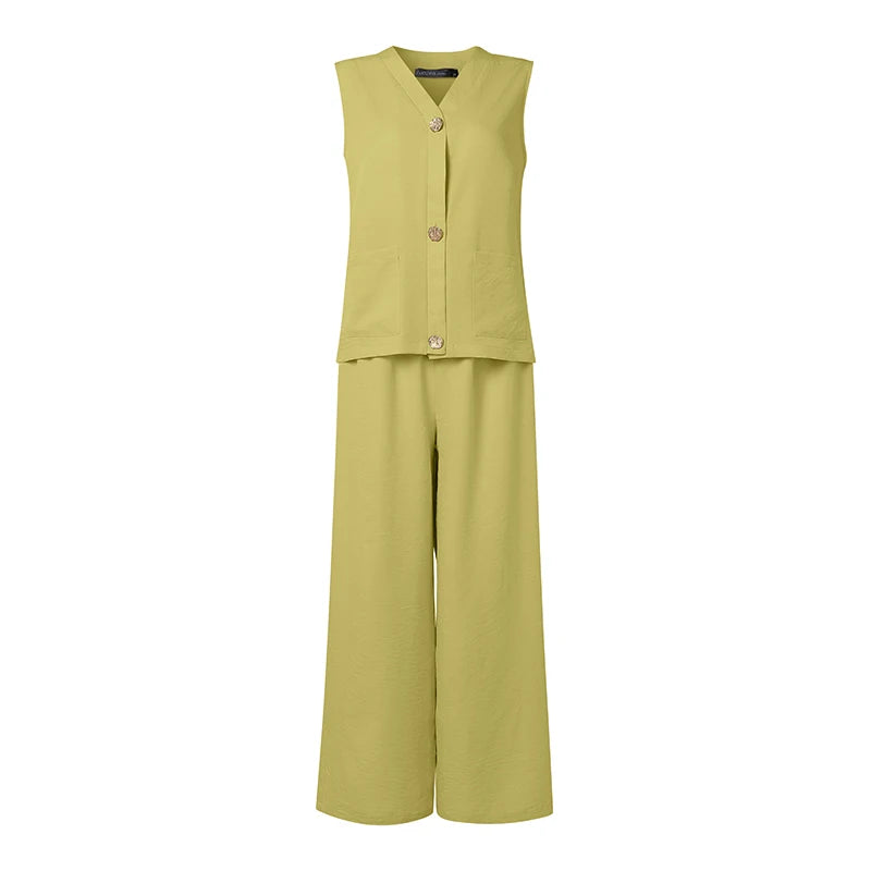 ZANZEA Fashion Women 2 Pieces Sets V Neck Buttons -Up Tanks Tops Trousers Suit Summer 2PCS Outfits Elegant OL Work Pant Sets