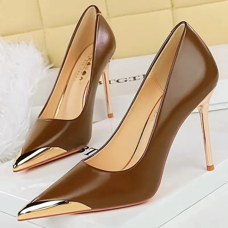BIGTREE Shoes Retro High Heels Metal Pointed Tip Women Pumps Stiletto 9.5 Cm 4.5cm Heels Sexy Party Shoes Fashion Office Shoes