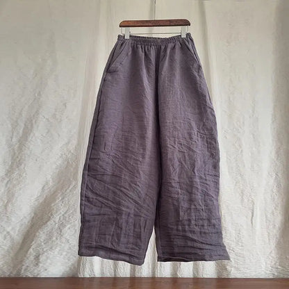 High Quality New Spring Summer Arts Style Women Elastic Waist Loose Ankle-length Pants Solid 100% Linen Casual Harem Pants T425