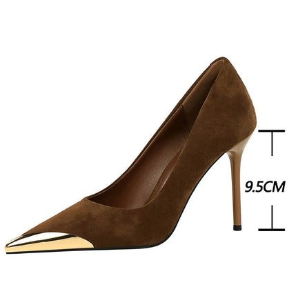 BIGTREE Shoes Metal Pointed Tip Women Pumps Suede High Heels Ladies Shoes Stiletto 9.5 Cm Sexy Party Shoes Women Heels Female