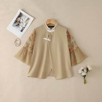 ZANZEA Chinese Style Woman Floral Chiffon Patchwork Sleeves Blouses Mandarin Collar Vintage Tops Summer Elegant Daily Wear Blusa