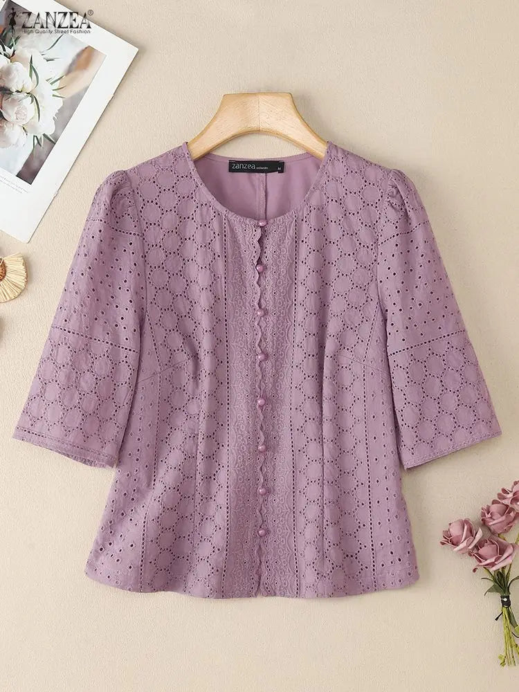 ZANZEA Elegant Openwork Embroidered Shirts Women Fashion O-Neck Half Sleeve Wavecut Placket Solid Color Blouses Hollow Out Tops