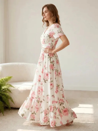 Elegant V-Neck A-Line Long Dress Soft Rose Print Summer Vacation Gown Women's Casual Maxi Skirt