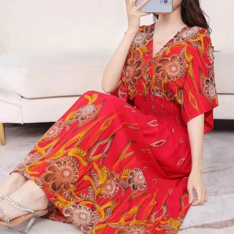 Casual Elegant Retro Bohemian National Style V-neck Elastic  Waist Large Swing Printed Summer Long Skirt Woman Dress Clothes