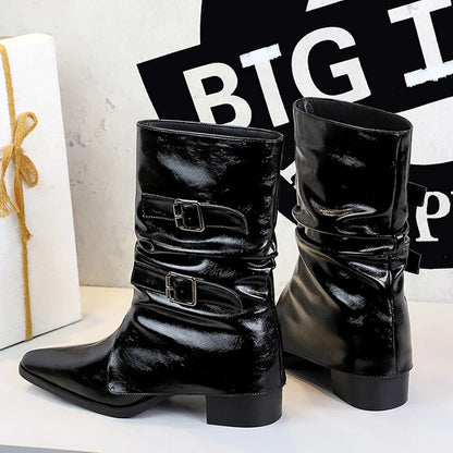 Retro Pointed Western Cowboy Boots For Women Belt Buckle Design Mid-Calf Boots Chunky Heel Leather Boots Women Knight Boots 2026