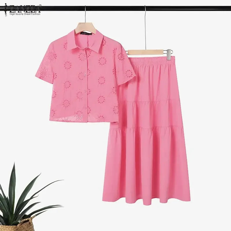 ZANZEA Elegant Short Sleeve Hollow Out Shirt Dress Sets Women 2 Piece Sets Summer Outfits 2026 Stylish Solid OL Work Skirt Suit