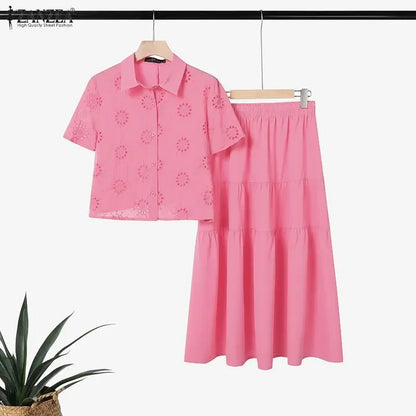 ZANZEA Elegant Short Sleeve Hollow Out Shirt Dress Sets Women 2 Piece Sets Summer Outfits 2026 Stylish Solid OL Work Skirt Suit