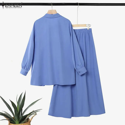 Plus Size Women Dress Sets Modest Muslim Long Sleeve Blouse Maxi Skirt ZANZEA Buttons Up Shirt Sundress Suit 2PCS Ramadan Outfit