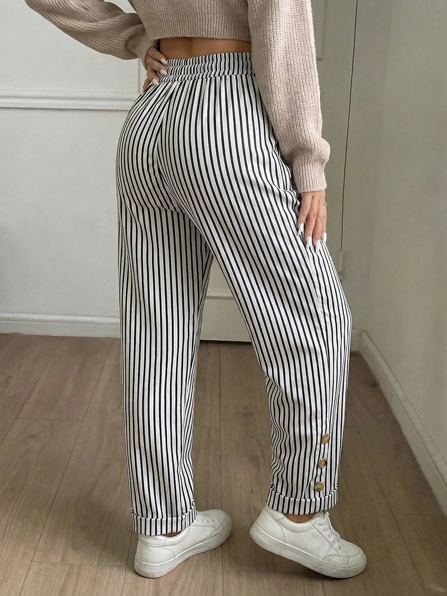 Women Plus Size High Waist Striped Pants Drawstring Casual Wide Leg Trousers Autumn Fashion Female Chill Streetwear Black White